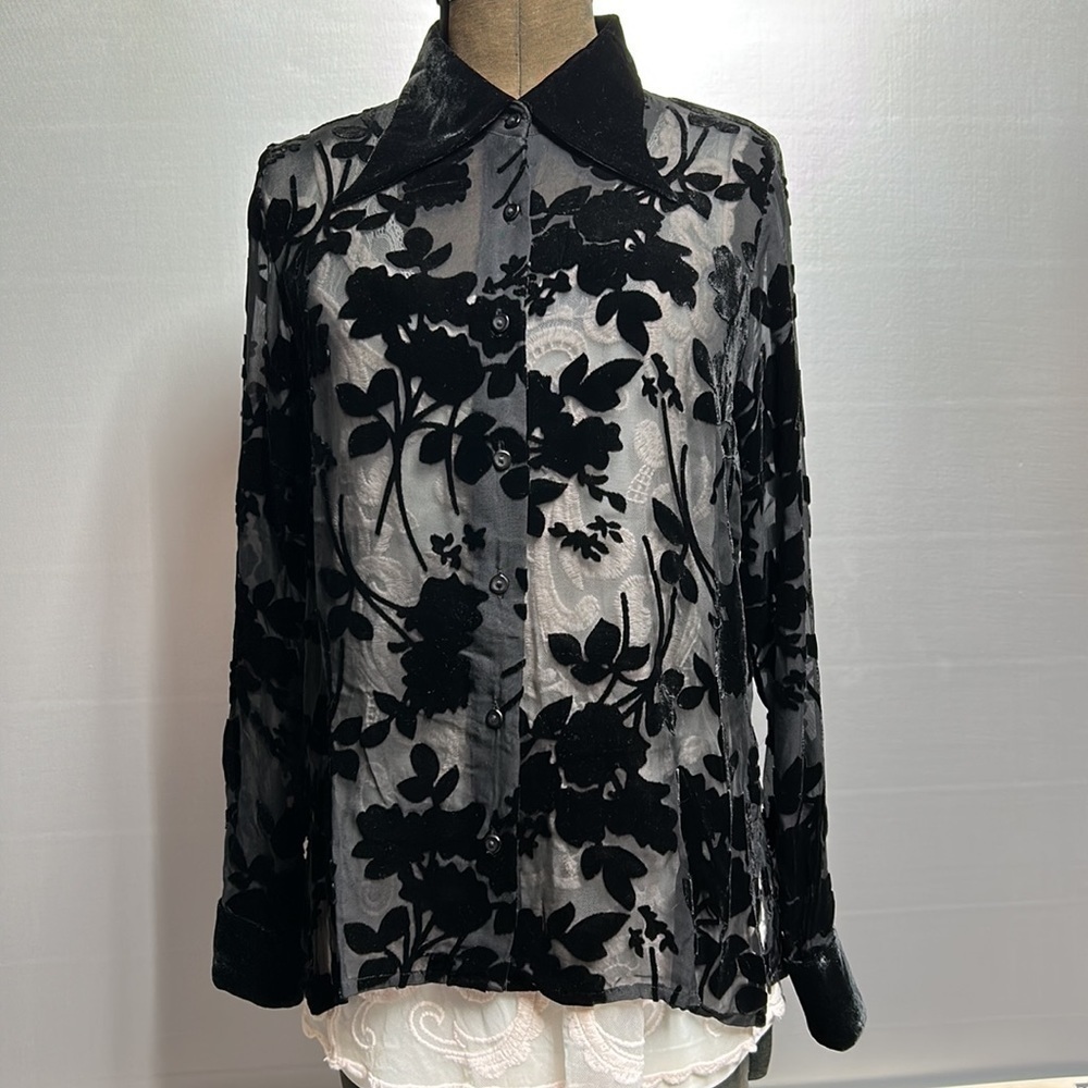 April Cornell XS black velvet and sheer dressy blouse floral velvet pattern